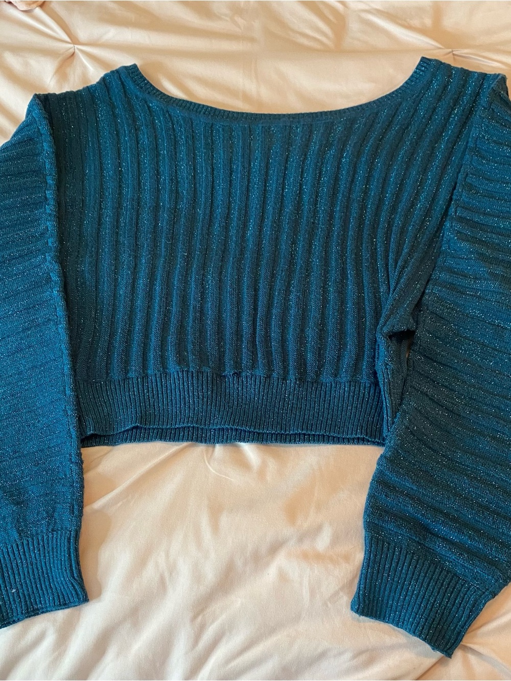 Bloch Shimmer Ribbed Cropped Sweater - Teal Blue